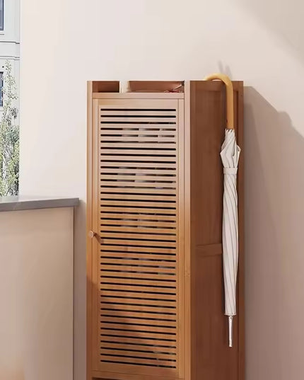 Narrow Bamboo Shoe Storage Cabinet with Ventilated Door for Entryway