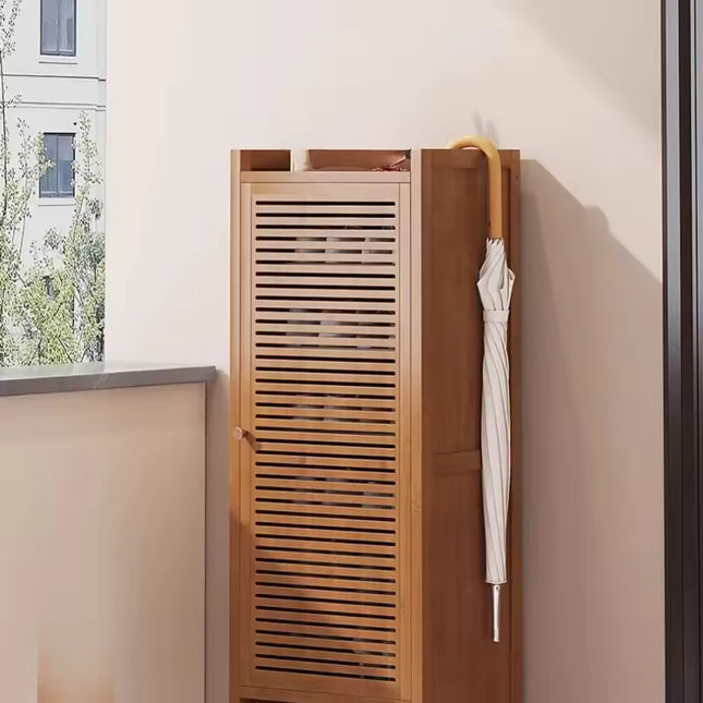 Narrow Bamboo Shoe Storage Cabinet with Ventilated Door for Entryway