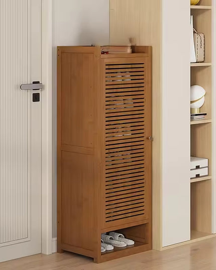 Narrow Bamboo Shoe Storage Cabinet with Ventilated Door for Entryway