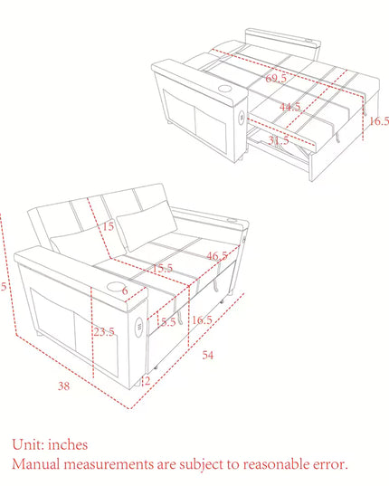 Pull Out Sofa Bed with Adjustable Backrest and USB Port for Living Room