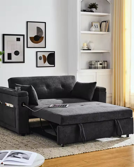 Pull Out Sofa Bed with Adjustable Backrest and USB Port for Living Room