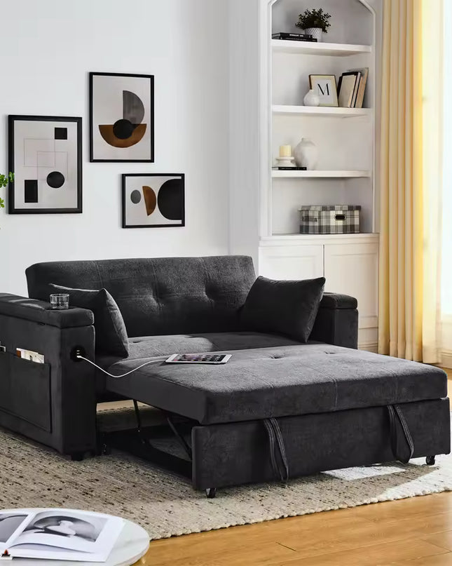 Pull Out Sofa Bed with Adjustable Backrest and USB Port for Living Room