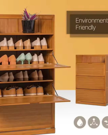 Bamboo Flip Down Shoe Storage Cabinet with Multi Shelf Design for Entryway
