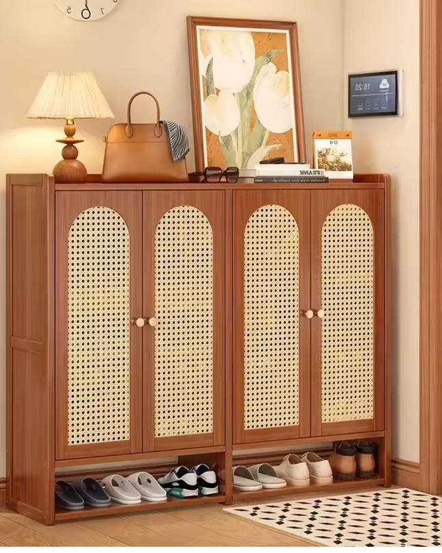 Rattan Bamboo Shoe Storage Cabinet with Doors for Entryway